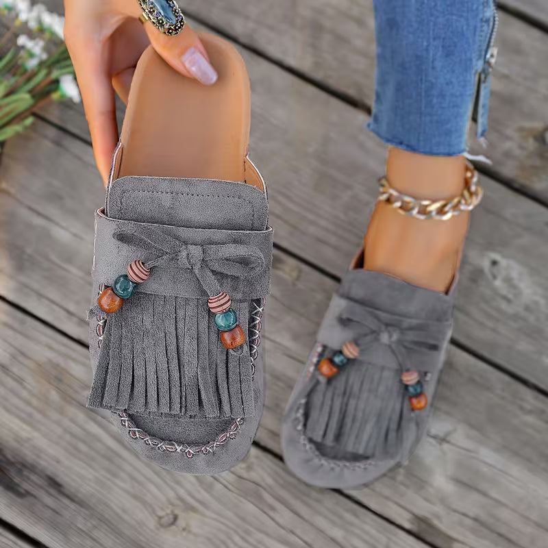 Stylish Mules for Women with Fringe Tassel Beaded Suede Slip On Moccasin Style