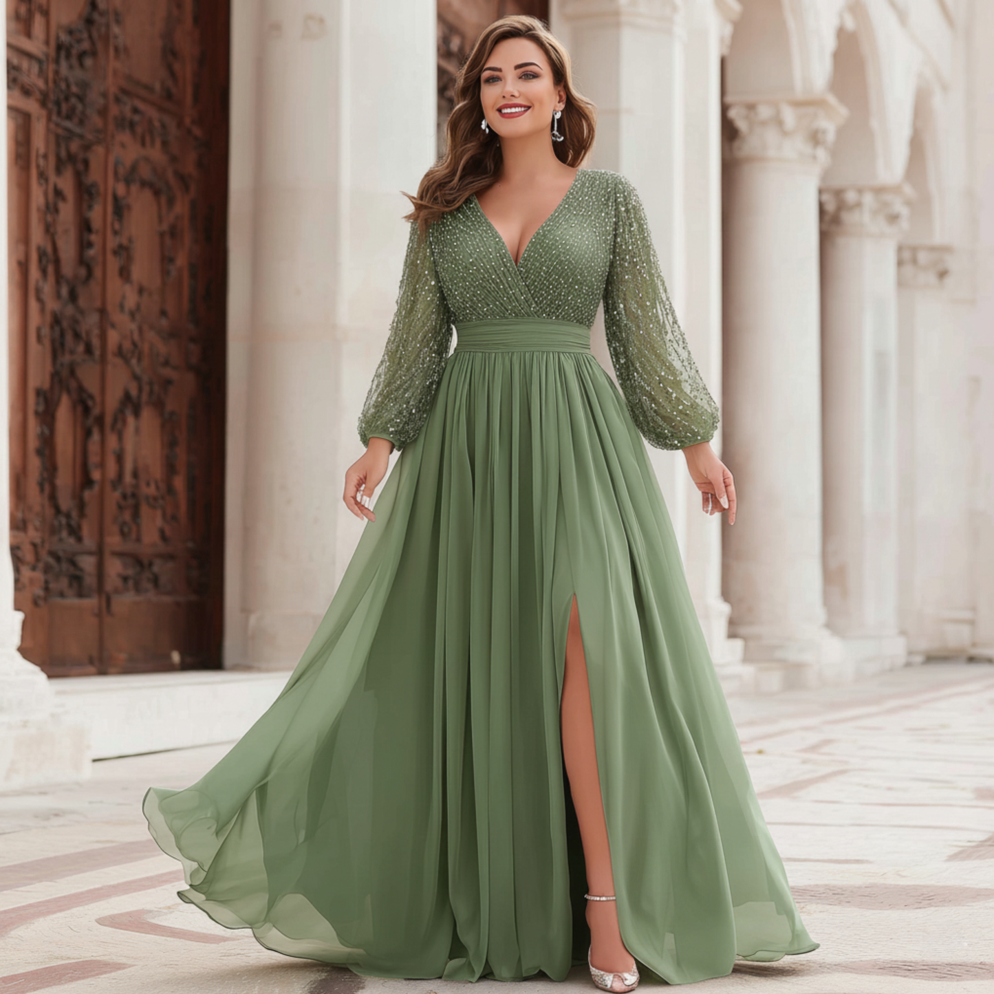 Flycurvy Plus Size Wedding Guest Sage Green Chiffon Sparkly Lantern Sleeve Slit Hem Maxi Dress