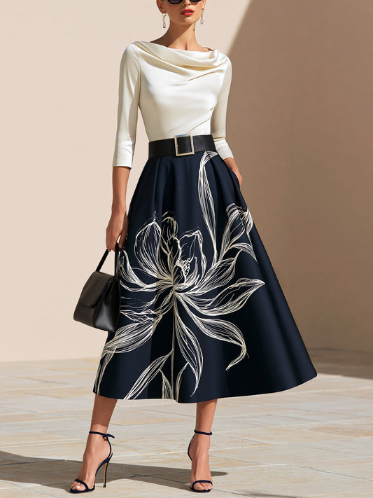 Elegant Navy Floral Midi Skirt for Women with Full Pleated A Line Style
