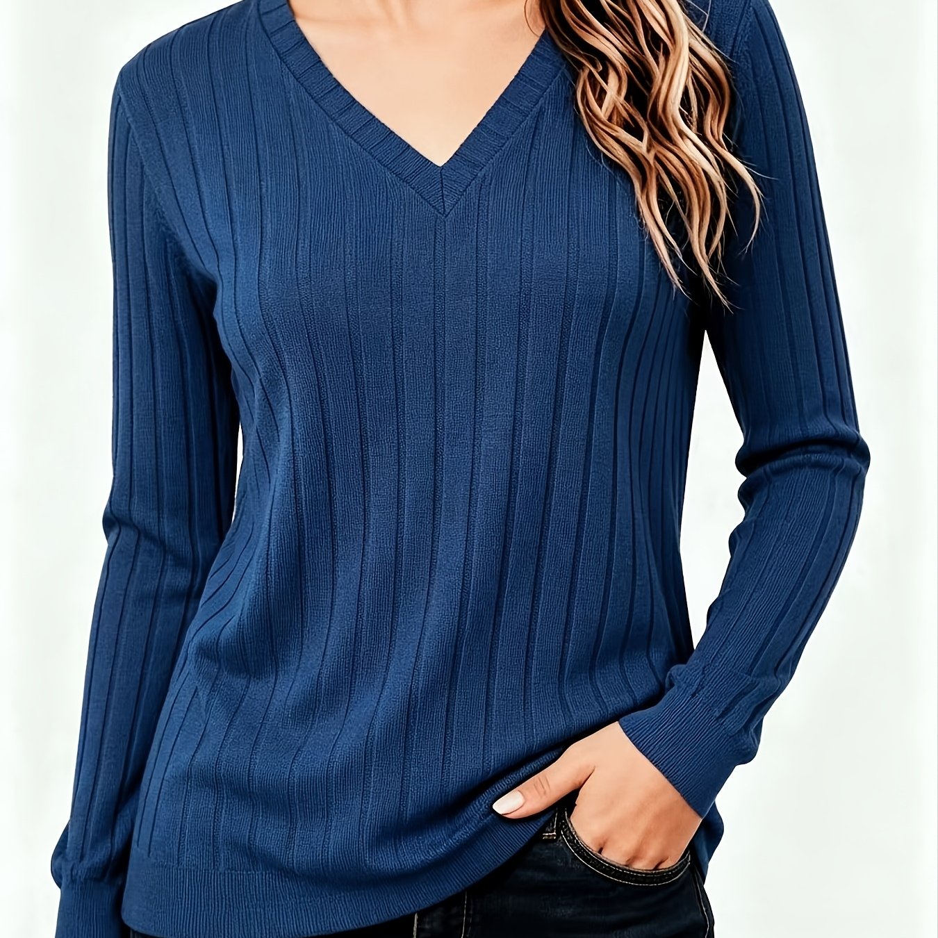 Autumn And Winter Solid Color Loose Women'S V-Neck Long Sleeve Ribbed Brushed T-Shirt Top