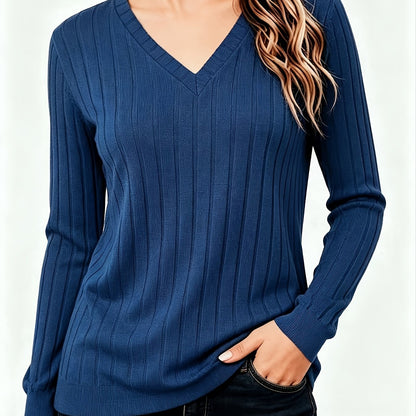 Autumn And Winter Solid Color Loose Women'S V-Neck Long Sleeve Ribbed Brushed T-Shirt Top