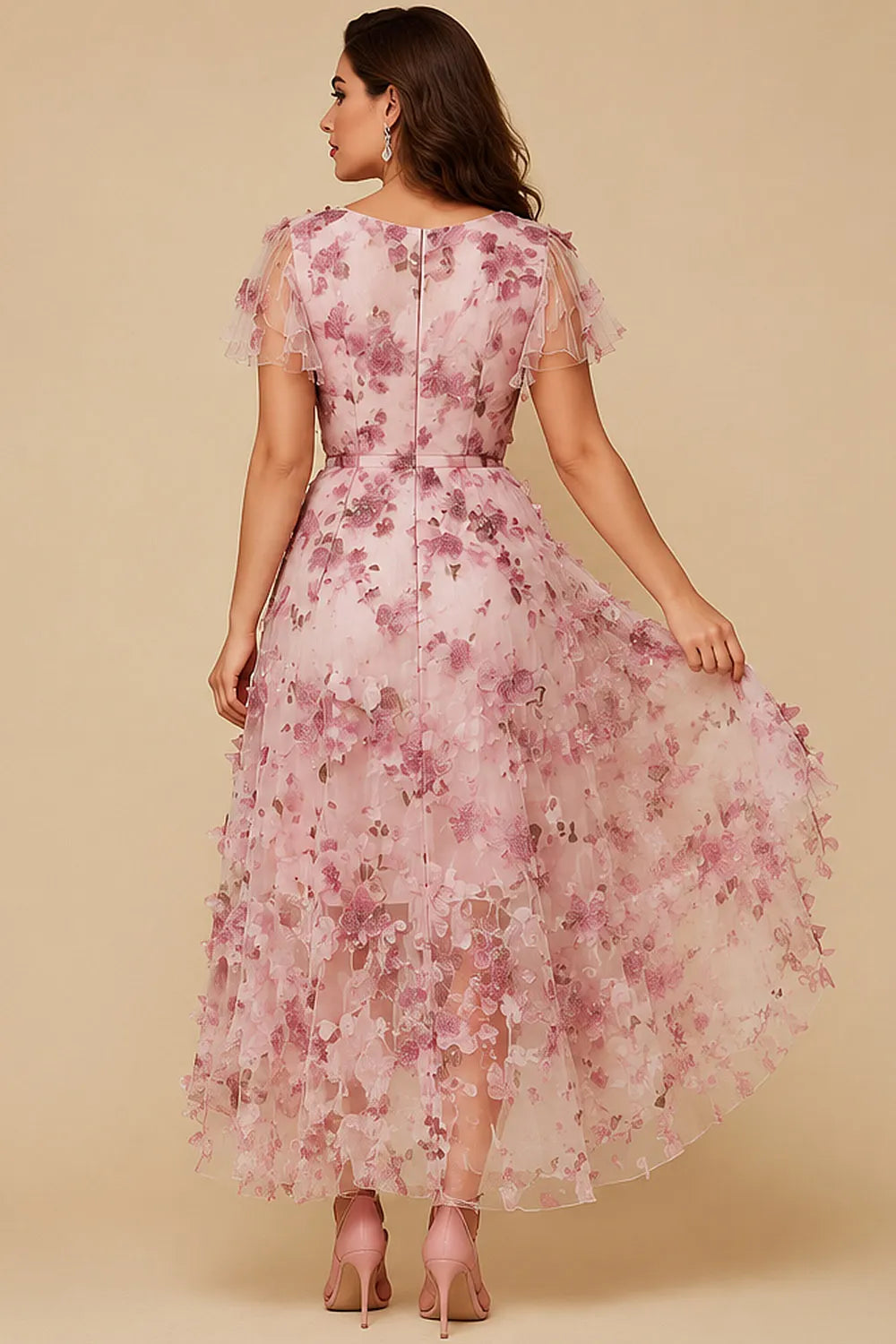 Flycurvy Plus Size Wedding Guest Light Pink Mesh 3D Floral Flutter Sleeve High Low Hem Midi Dress