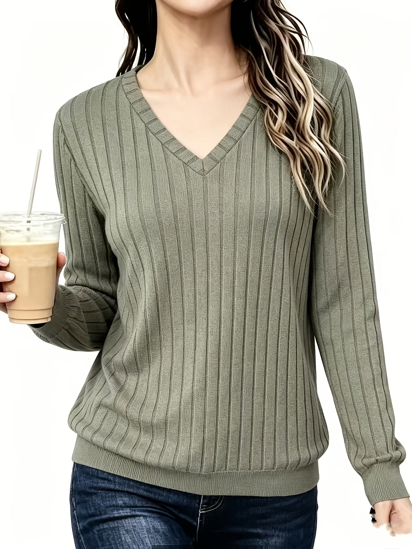 Autumn And Winter Solid Color Loose Women'S V-Neck Long Sleeve Ribbed Brushed T-Shirt Top