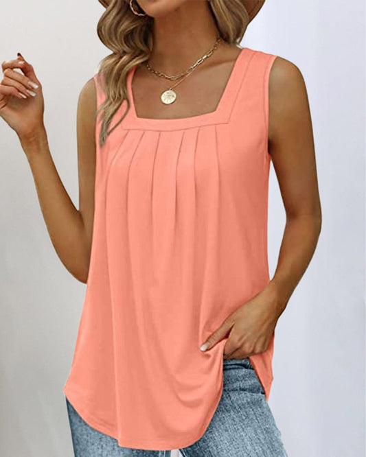 Effortless Pleated Blouse for Women with Square Neck Sleeveless Relaxed Flowing Tank Style
