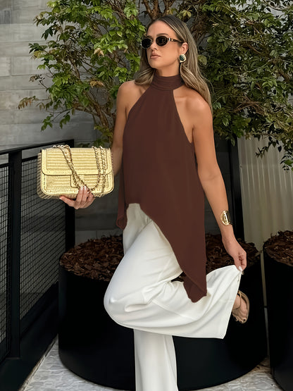 Sexy Halter Back Tank Top New Temperament Ribbon Design Aesthetic Back Satin Sleeveless Top