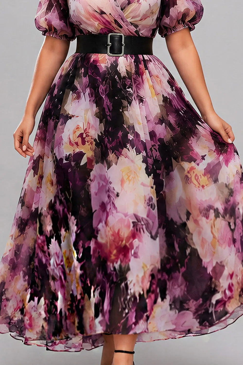 Flycurvy Plus Size Wedding Guest Purple Chiffon Floral Print Wrap Puff Sleeve Maxi Dress With Belt