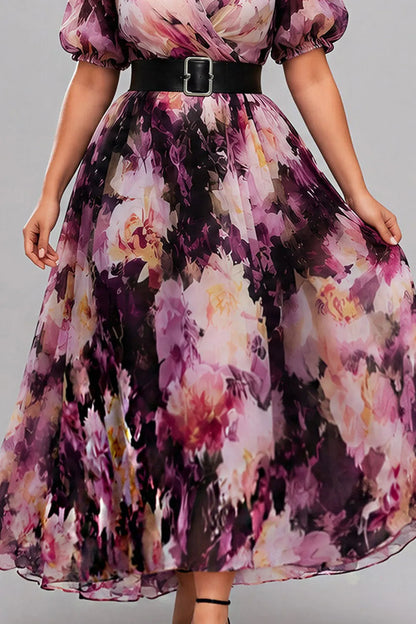 Flycurvy Plus Size Wedding Guest Purple Chiffon Floral Print Wrap Puff Sleeve Maxi Dress With Belt