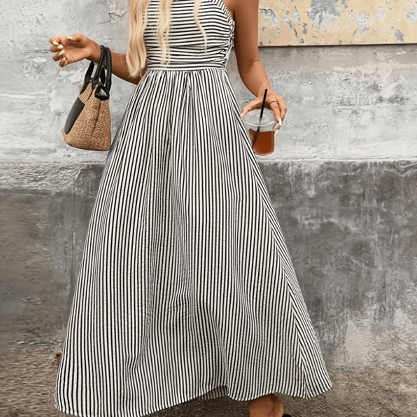 Women'S New Striped Back Hole, Long Camisole Dress, Fashionable Elegant Commute Vacation, Casual Party, Street Trendy, Daily A-Line Skirt, Suitable for Spring Summer