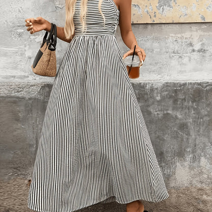 Women'S New Striped Back Hole, Long Camisole Dress, Fashionable Elegant Commute Vacation, Casual Party, Street Trendy, Daily A-Line Skirt, Suitable for Spring Summer