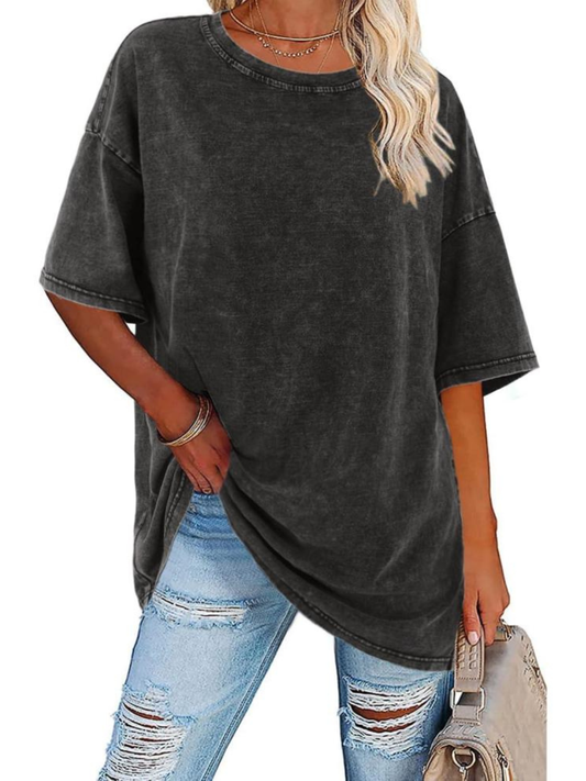 Effortless Acid Wash Tunic Top for Women with Crew Neck Half Sleeve Relaxed Oversized Style