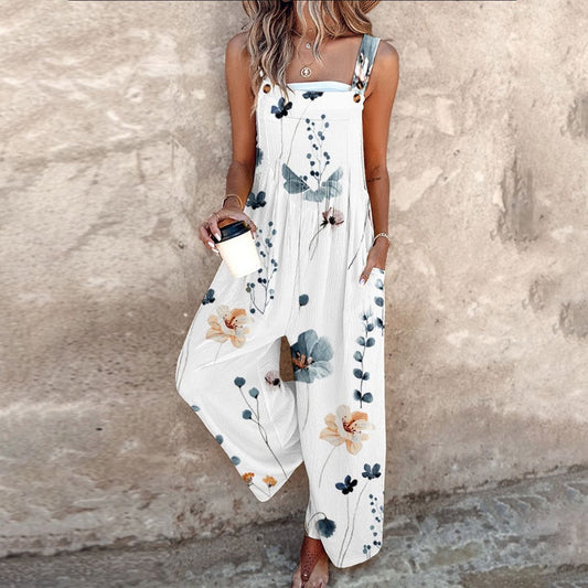 Effortless Floral Jumpsuit for Women with Square Neck Sleeveless Wide Leg Bohemian Style