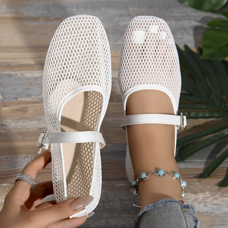 Comfortable Mary Jane Shoes for Women with Mesh Woven Buckle Strap Flat Style
