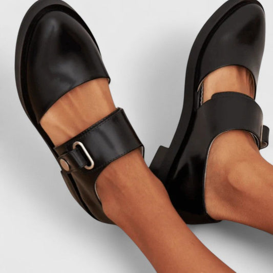 Elegant Black Leather Mary Jane Loafers for Women with Buckle Strap Cutout Round Toe Style