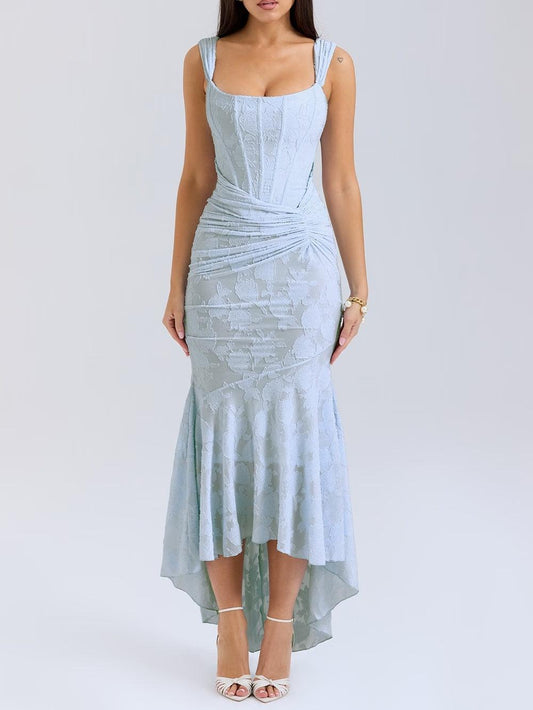 Elegant Lace Mermaid Maxi Dress for Women with Square Neck Sleeveless Corset Ruched High Low Formal Style