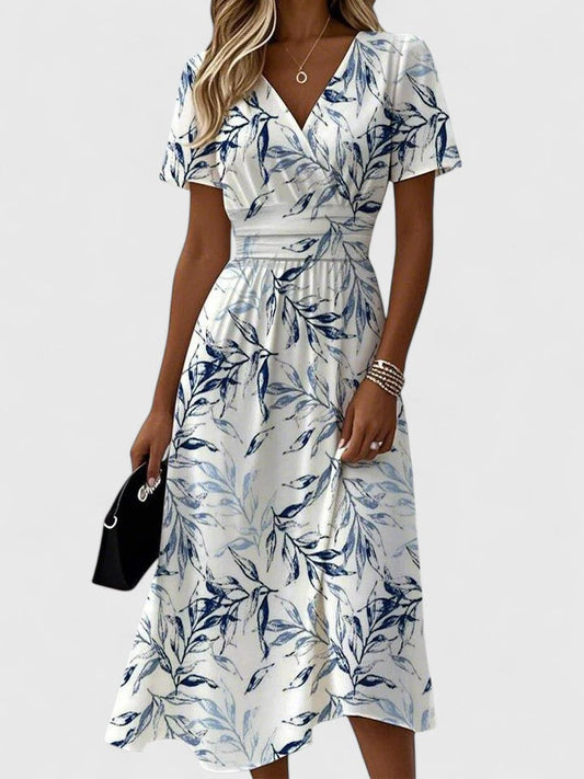 Elegant White Floral Midi Dress for Women with V Neck Short Sleeve Wrap Ruched Flowing Style