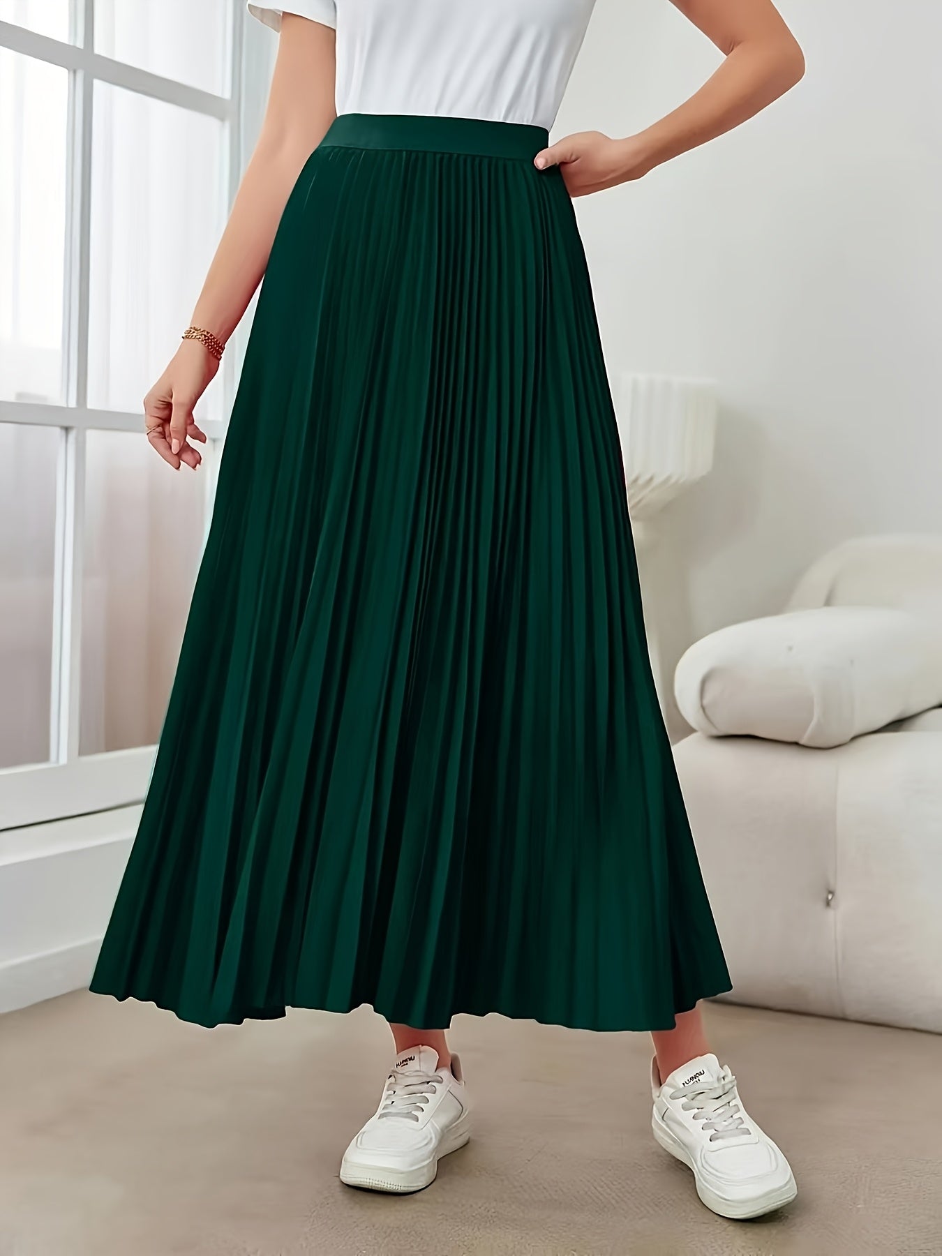 Women's Elegant High-Waisted Pleated Midi Skirt - Non-Stretch Machine-Washable All-Season Versatile Solid Color Smooth Texture for Casual & Formal Outfits, Cute Skirts, Nonelastic Fabric