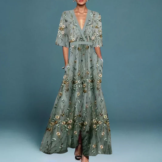 Effortless Floral Maxi Dress for Women with V Neck Bell Sleeve Wrap Flowing Bohemian Style