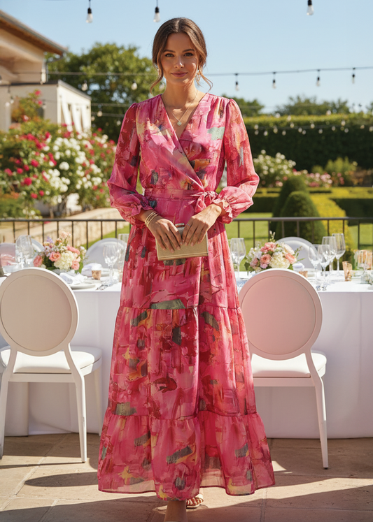 Elegant Pink Floral Maxi Dress for Women with V Neck Long Sleeve Wrap Tiered Flowing Wedding Guest Style