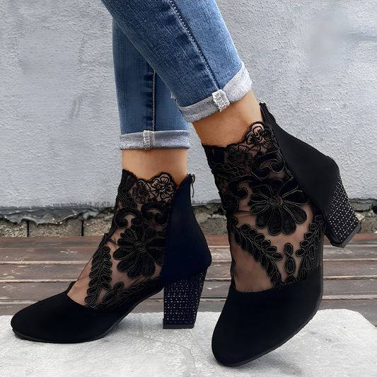 Elegant Lace Mesh Ankle Boots for Women with Floral Embroidery Studded Block Heel Sparkle Style