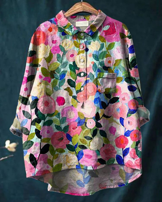 Effortless Floral Blouse for Women with Collar Long Sleeve High Low Casual Style