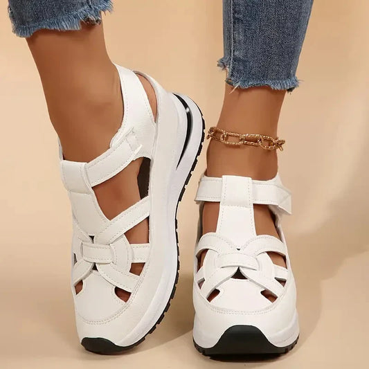 Comfortable Closed Toe Sandals for Women with Cutout Strap Platform Sole Hook Loop Sport Style