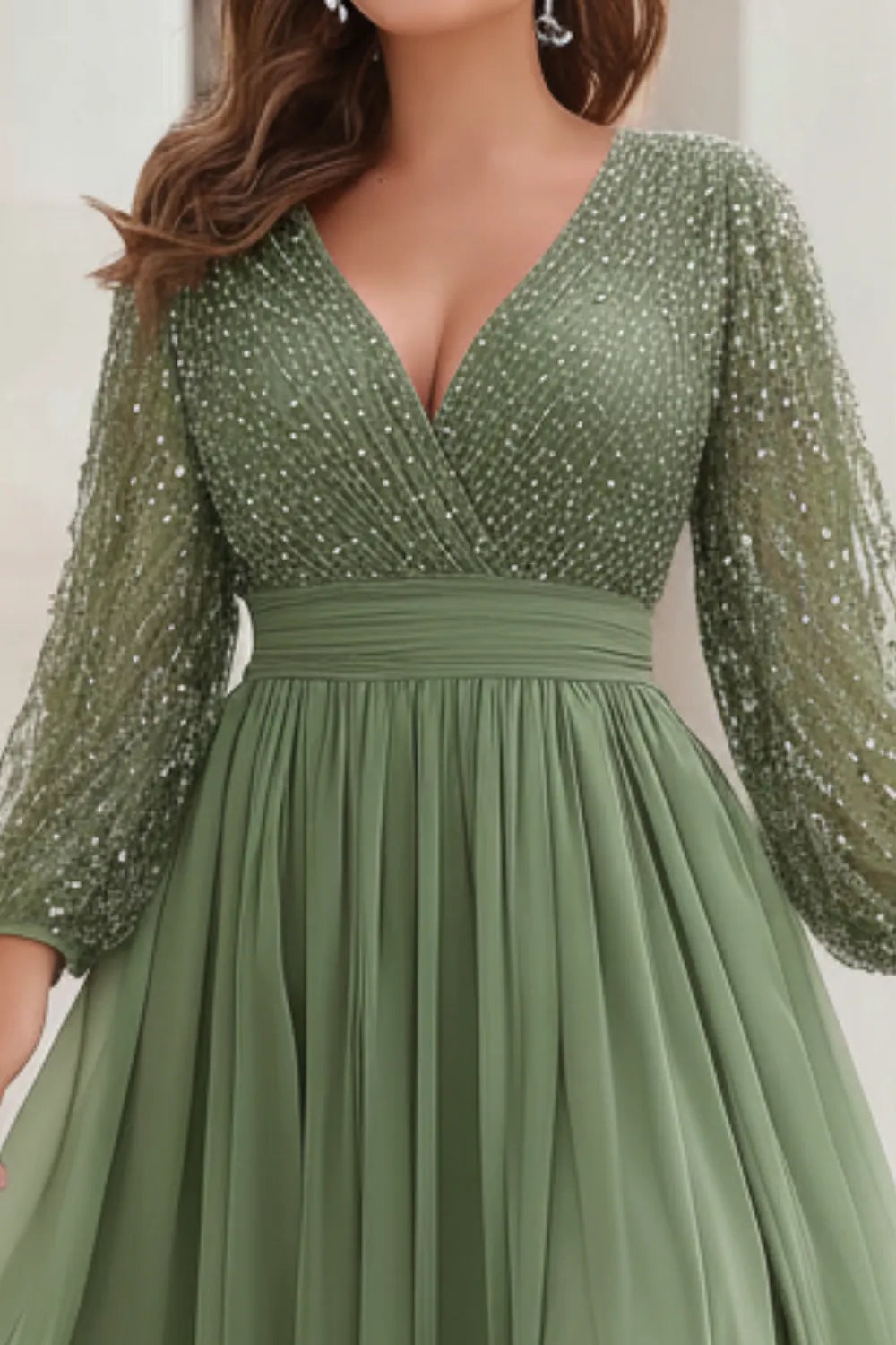 Flycurvy Plus Size Wedding Guest Sage Green Chiffon Sparkly Lantern Sleeve Slit Hem Maxi Dress