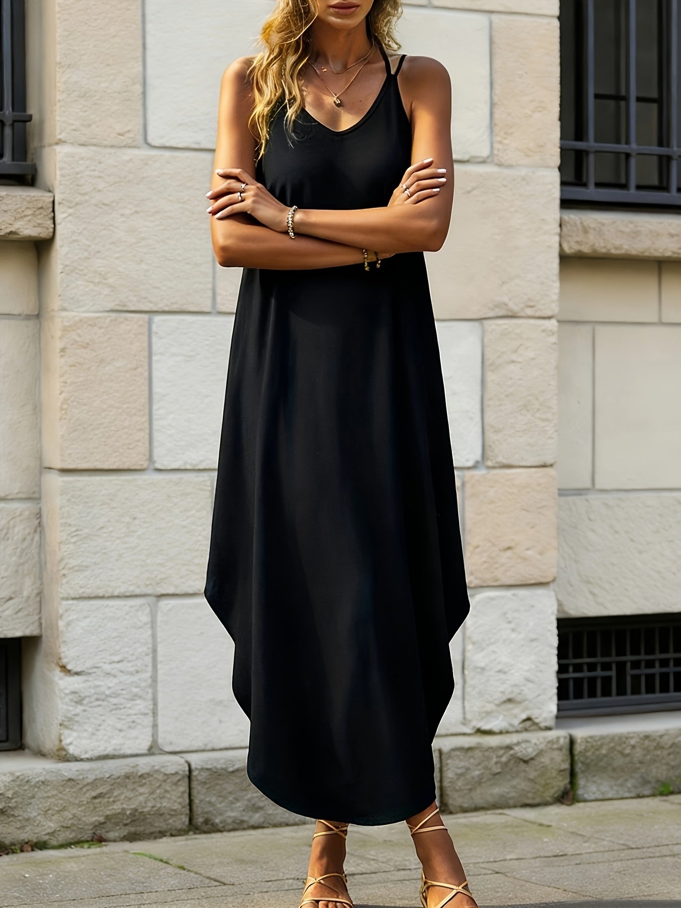 Women's Dress, Fashionable Elegant Casual Simple Solid Color Curved Hem Dress, Double Spaghetti Strap Design, Long Women's Dress, Suitable for Vacation, Dates, Commuting, Leisure Moments, Daily Wear, Women's A-line Dress for Spring, Summer, and