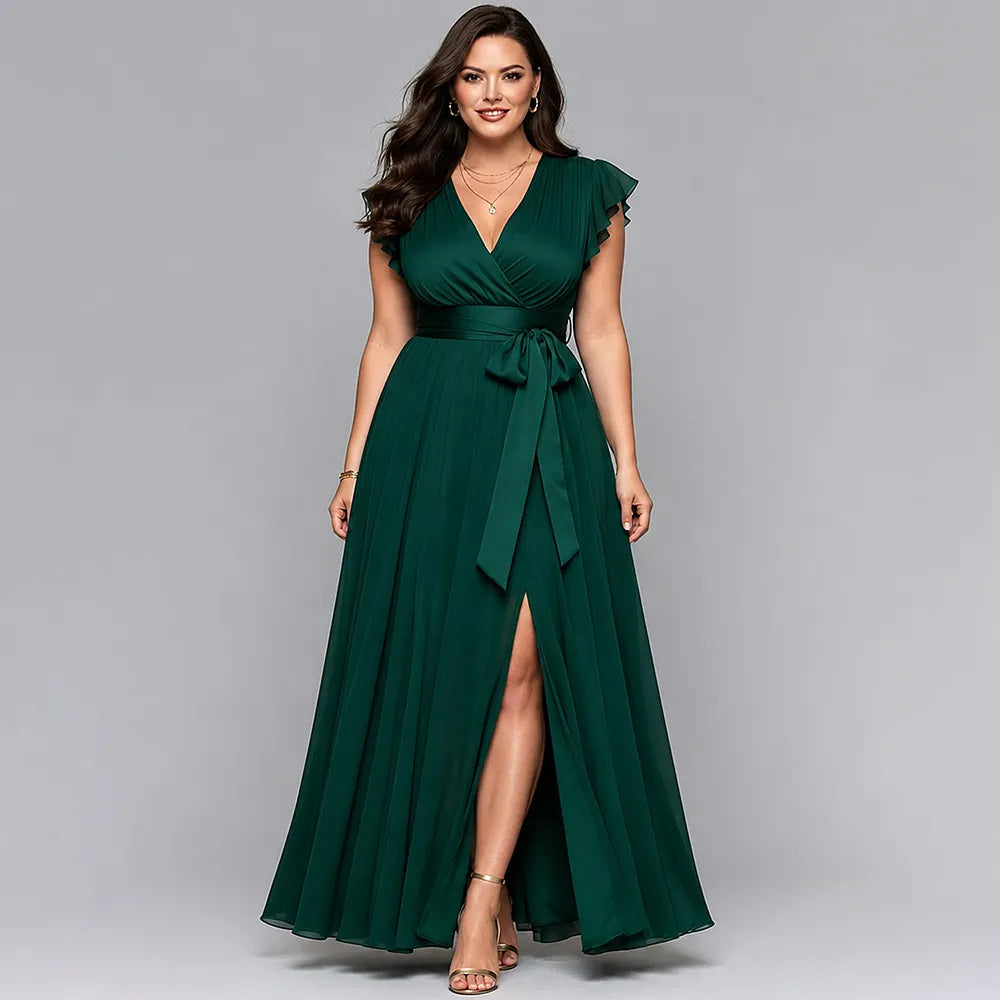 Flycurvy Plus Size Wedding Guest Dark Green Chiffon Ruffle Sleeve Slit Hem Maxi Dress With Belt