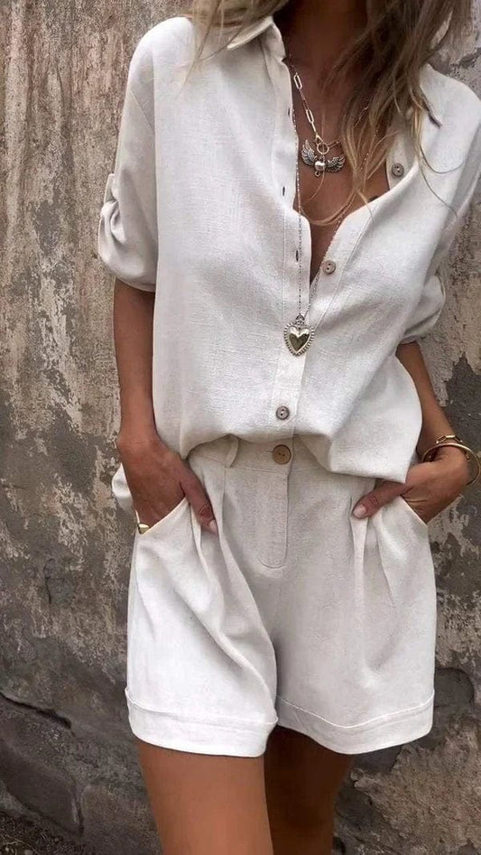 Effortless Linen Two Piece Set for Women with Collar Elbow Sleeve Button Front Relaxed Style