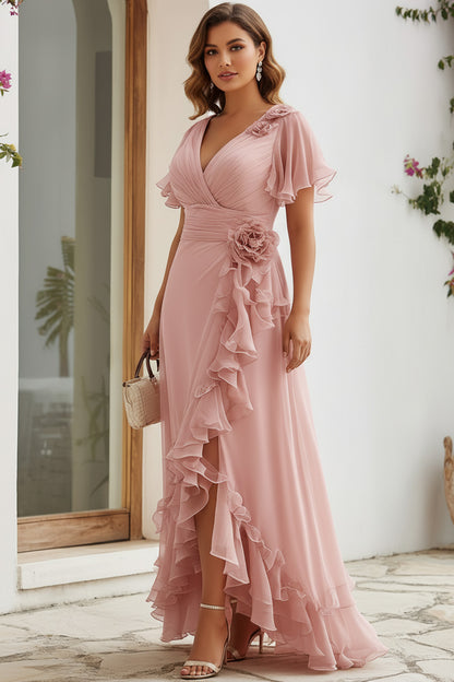 Flycurvy Plus Size Wedding Guest Blush Pink Chiffon Wrap Flutter Sleeve Slit Ruffle Hem Maxi Dress