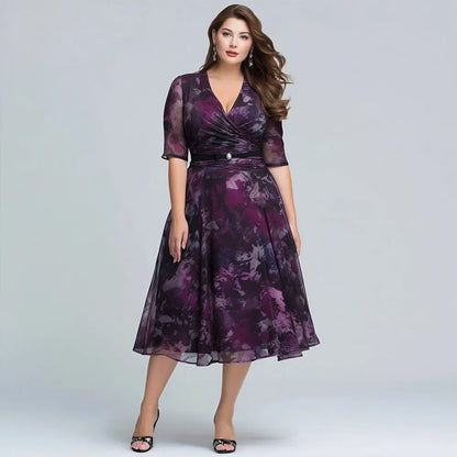 Flycurvy Plus Size Wedding Guest Grape Chiffon Floral Print Wrap Half Sleeve Midi Dress