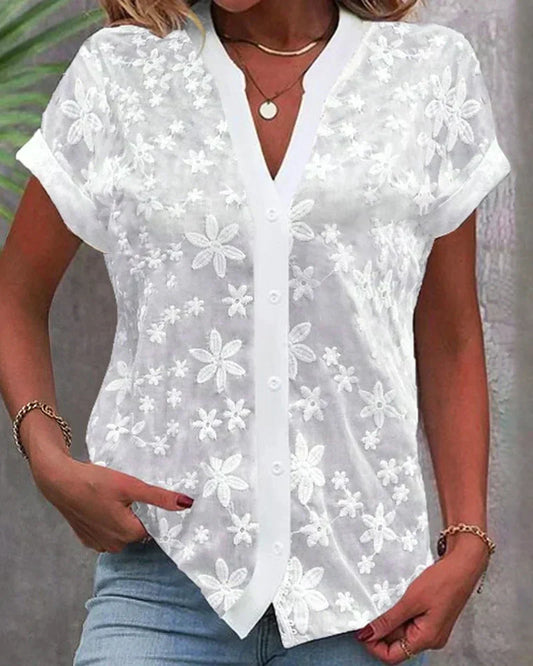 Effortless White Floral Embroidered Blouse for Women with V Neck Short Sleeve Button Front Casual Style