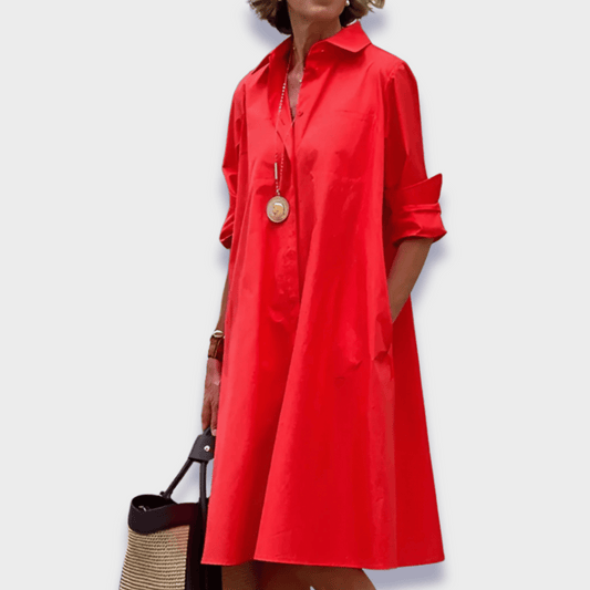 Effortless Cotton Midi Shirt Dress for Women with Collar Long Sleeve Relaxed Trapeze Casual Style
