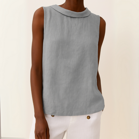 Effortless Linen Blouse for Women with Draped Collar Sleeveless Relaxed Curved Hem Style