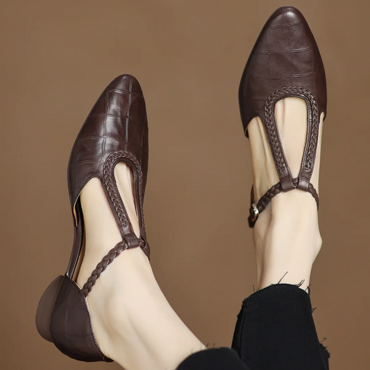 Elegant Croc Embossed Leather T Strap Flat for Women with Pointed Toe Braided Strap Buckle Style