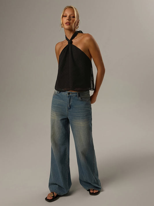 Elegant Black Swiss Dot Halter Top for Women with Twisted Neck Sleeveless Open Back Cropped Style