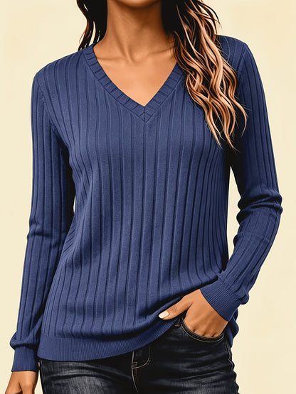 Autumn And Winter Solid Color Loose Women'S V-Neck Long Sleeve Ribbed Brushed T-Shirt Top