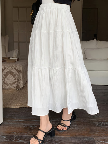 Midi Skirt Summer Cake High Waist New Elastic Mid-Length Large Swing Skirt White