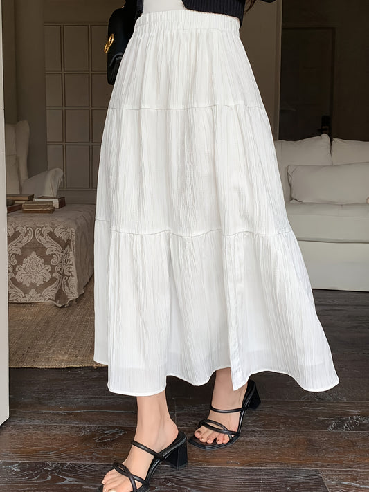 Elegant White Textured Maxi Skirt for Women with High Waist Tiered A Line Flowing Style