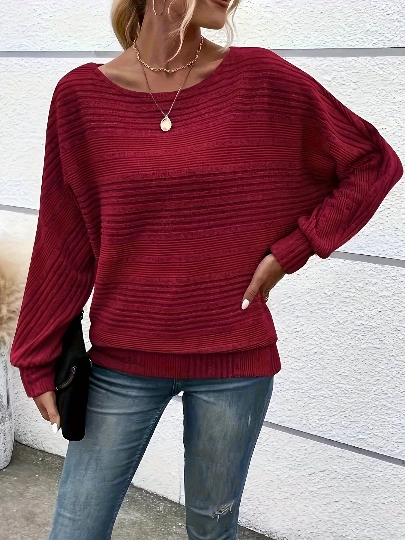 Specially Developed Fashionable Casual Ribbed Loose-fit Crewneck Batwing Sleeve Y Pullover Top for Women