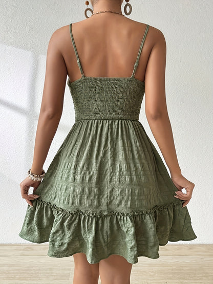 Women'S Vibrant Green Ruched Mini Dress with Adjustable Spaghetti Straps, Backless Design & Tiered Ruffle Hem - Lightweight Summer Casual Dress for Beach or Vacation, Beach Dresses, Vacation Attire, Ruched Texture, Fabric