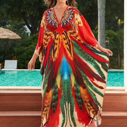 colorful printed women beach kaftans maxi dresses waved summer holiday bathing suits