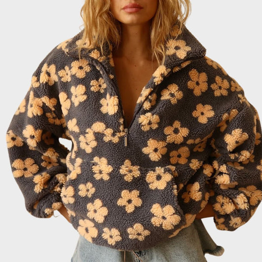 Comfortable Floral Sherpa Sweater for Women with Collar Long Sleeve Half Zip Oversized Cozy Style
