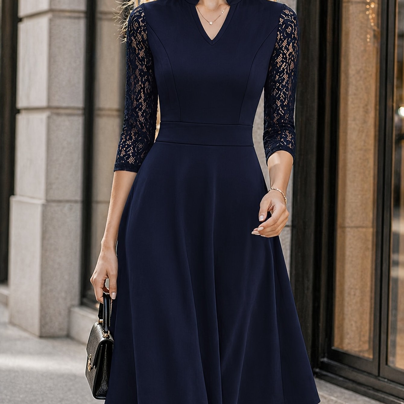 Women's Slim-fit Dress, Elegant Tailored Design, Suitable for Both Commuting and Parties, Long Sleeves with Lace Detailing, Waist-cinching Design, Mid-length for Autumn and Winter Workwear