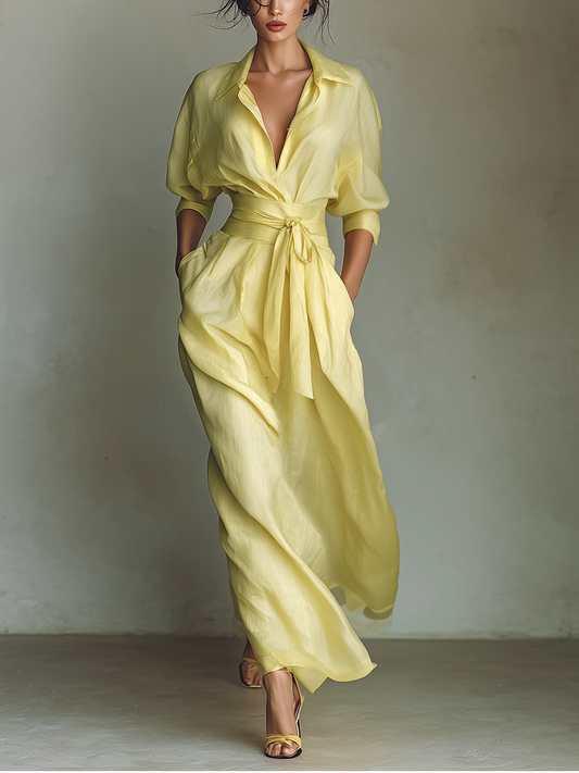 Elegant Yellow Linen Maxi Dress for Women with Collar Elbow Sleeve Belted Flowing Style