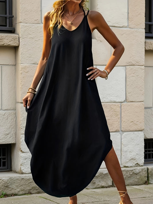 Elegant Black Maxi Dress for Women with V Neck Spaghetti Strap Cocoon Flowing Bohemian Style