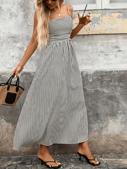 Women'S New Striped Back Hole, Long Camisole Dress, Fashionable Elegant Commute Vacation, Casual Party, Street Trendy, Daily A-Line Skirt, Suitable for Spring Summer