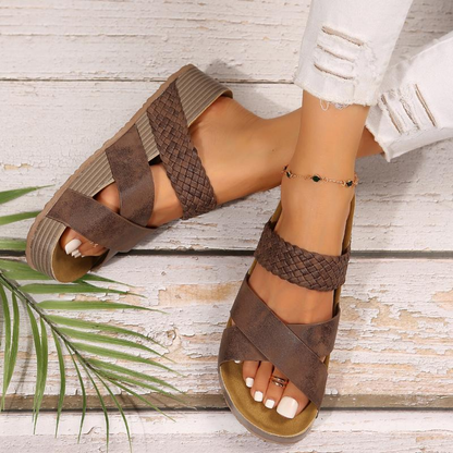 Comfortable Slide Sandals for Women with Crossover Woven Strap Cork Footbed Open Toe Style