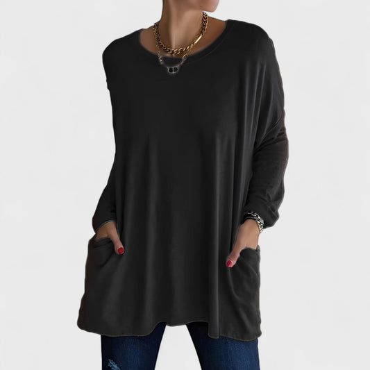Effortless Tunic Top for Women with Round Neck Long Sleeve Oversized Pocket Casual Style