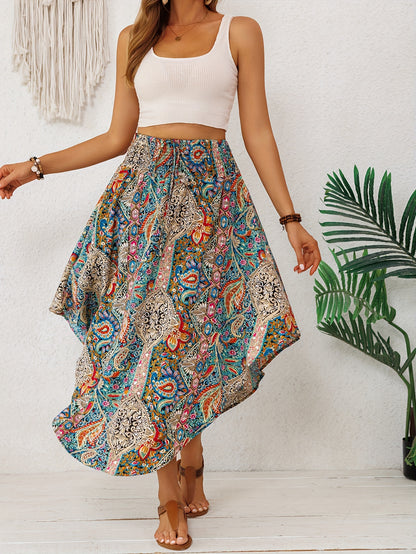 2026 Spring/Summer Bohemian Print Midi Skirt for Women, Elastic High Waist, Irregular Curved Hem, Flared Midi Dress, Vintage Ethnic Style, Vacation,, Flowy, Beach, Casual Skirt